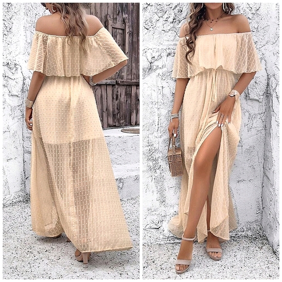 Boutique Dresses & Skirts - NEW Flowy Sheer Lace Off Shoulder Split Maxi Dress Cream Ivory Tan Beige